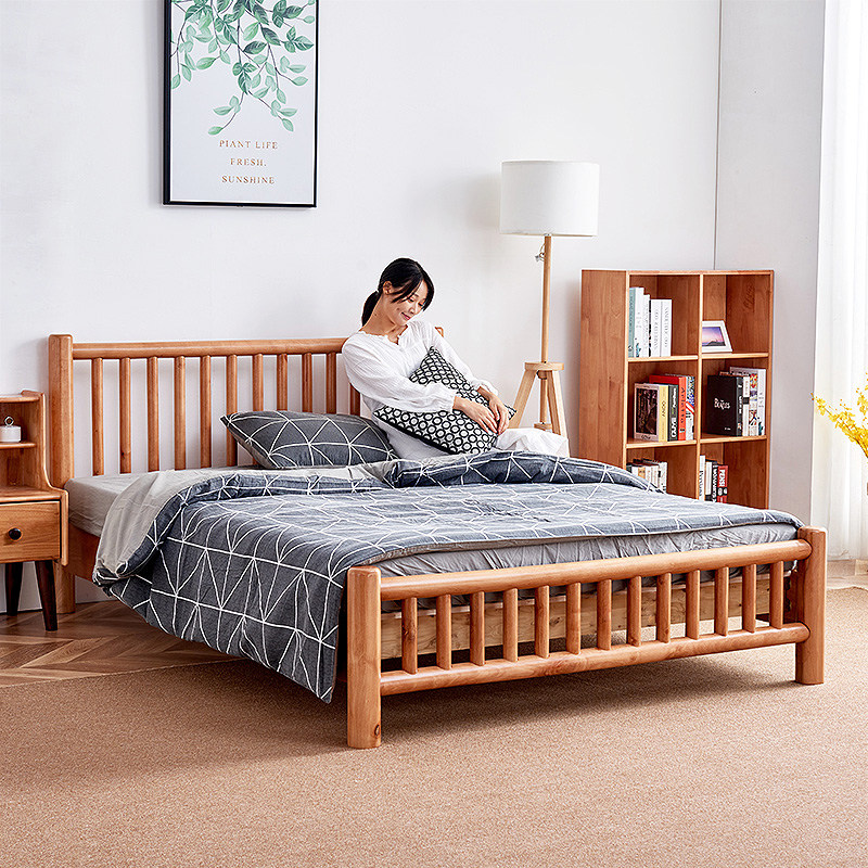 Japanese Solid Wood Bed Log Bed Cherry-colored Nordic Modern Furniture Birch Small Double Bed