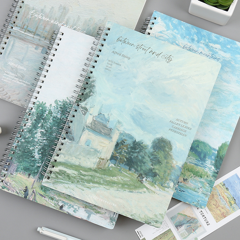 4-Pack of Various Beginner Coil-Bound Notebooks B5 Flip-Up Side-Flip Notebooks Van Gogh Sisley 16K Lined Page Exercise Book 4-Pack of Various Beginner Coil-Bound Notebooks B5 Flip-Up Side-Flip Notebooks Van Gogh Sisley 16K Lined Page Exercise Book
