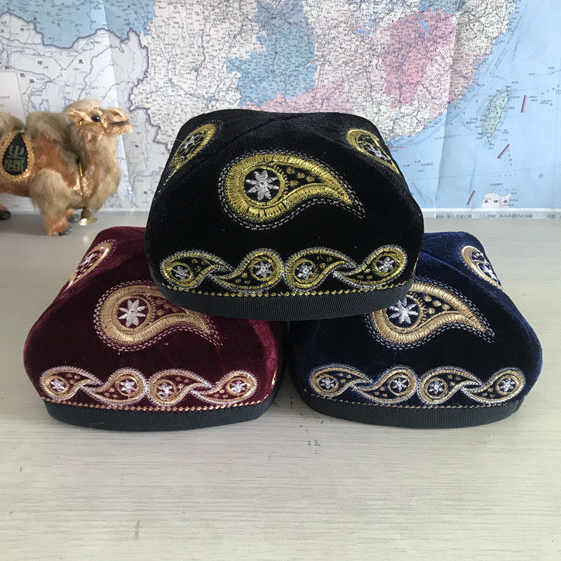Men's Uyghur ethnic group folding small flower hat Xinjiang Badan wood patterned embroidery hat stage performance Four horns hat