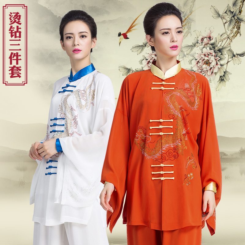 Ancient rhyming Chinese high-end tai chi clothing women's three sets performance suits new flutter taijiquan to practice the female Chinese wind