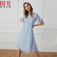 EVENY Eve Yuet 2018 đầu mùa hè mới vòng cổ phần dài bằng gỗ tai khâu in Slim dress