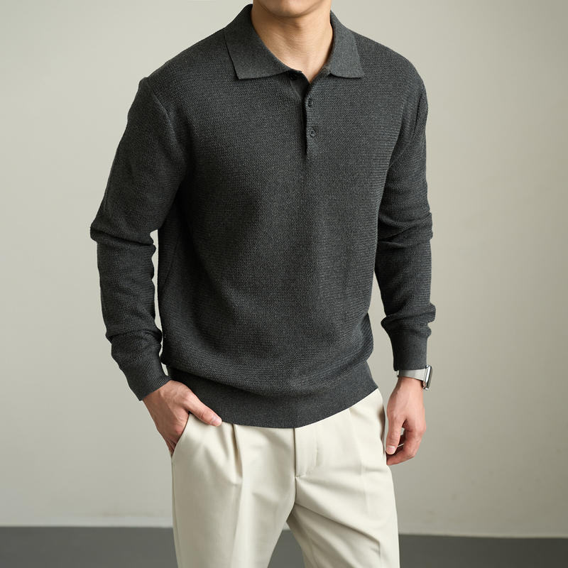 Luxury Old Money Style Long-Sleeve Knit Polo Collar Xinjiang Long-Staple Cotton Fitted Sweater T-Shirt for Autumn Luxury Old Money Style Long-Sleeve Knit Polo Collar Xinjiang Long-Staple Cotton Fitted Sweater T-Shirt for Autumn