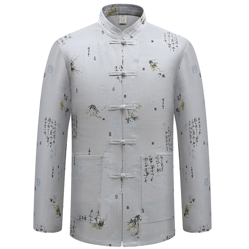 Cotton and linen spring and autumn Tang suit men's long-sleeved top middle-aged and elderly people summer thin section long-sleeved grandpa shirt shirt
