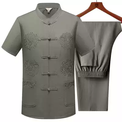 Middle-aged and elderly summer Tang suit men's short sleeve suit dad loose shirt shirt grandpa dress summer national costume