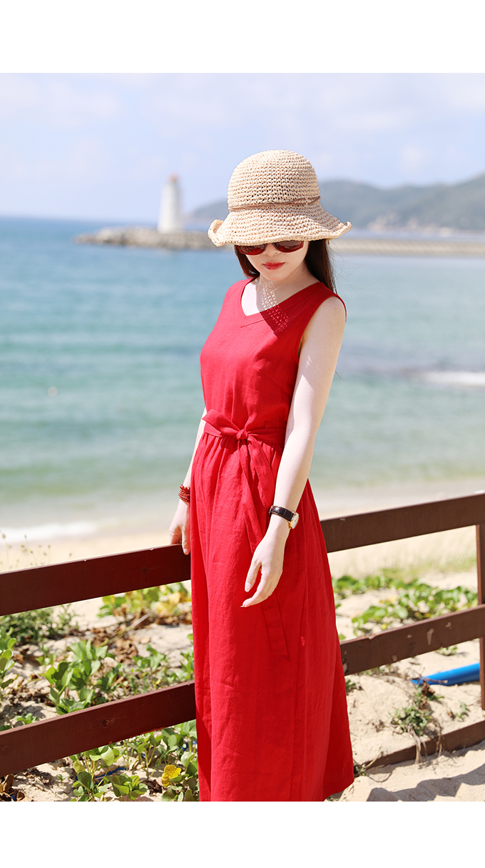 [Red mùa hè ~ đỏ] mười gỗ mét ban đầu 2018 mùa hè mới du lịch nghệ thuật linen vest váy với một vành đai
