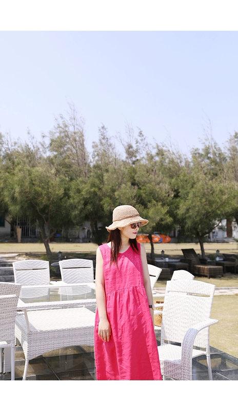 [Mùa Hè màu đỏ ~ Rose] mười mét gỗ gốc 2018 mùa hè mới du lịch nghệ thuật linen vest váy với một vành đai đầm hở lưng