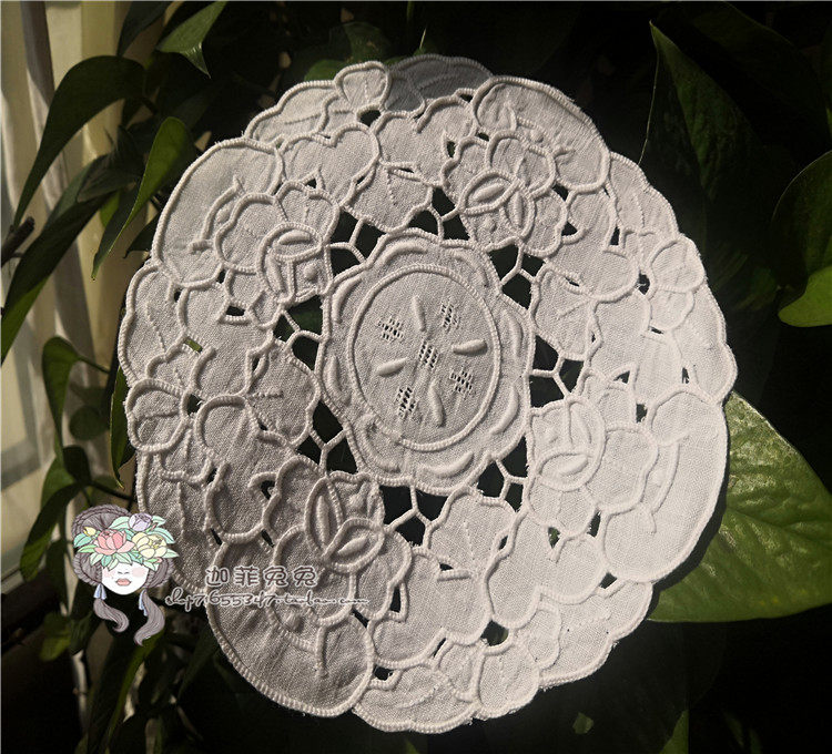Foreign trade export original single white cotton linen hand-embroidered coaster vase pad afternoon tea pad