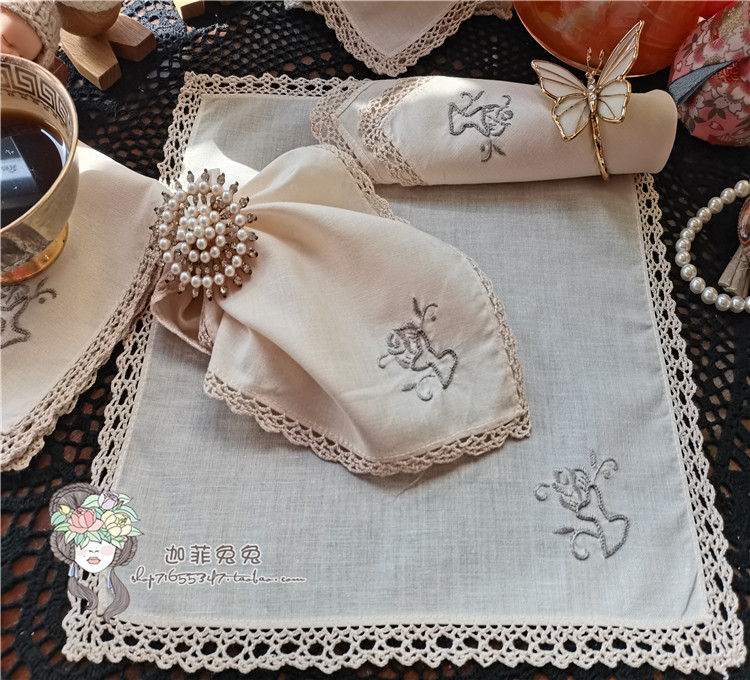 Beige hand crochet hook edge Hand embroidered napkin square towel Small decorative cover towel Multi-purpose