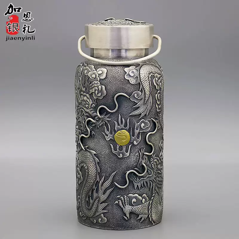 雙龍加厚純銀水瓶999足銀純手工運動密封可攜式戶外