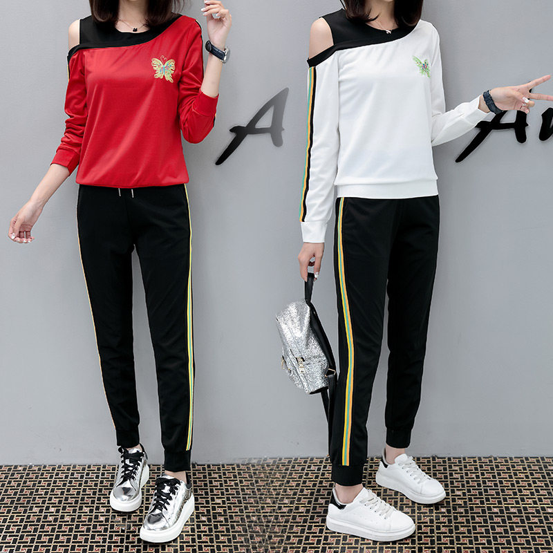 早秋新款运动套装女2017韩版时尚露肩长袖卫衣休闲服两件套春秋潮