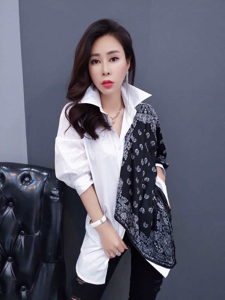 European Goods Splicing Retro Foreign Pie Long Sleeve Shirt Woman Spring Summer Korean Edition Loose in the middle of the long version of the shirt Euptide