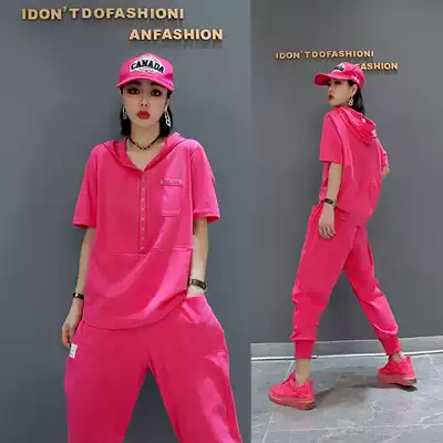 Summer set 2021 aged fat sister loose hooded wide leg pants ice silk sportswear set women's summer fashion tide