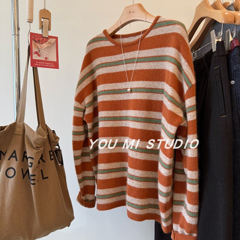 The Color Scheme Is Perfect! Sheep Wool + Alpaca Wool, Lazy and Comfortable, Makes You Look Fairer, Orange and Green Striped Sweater for Women