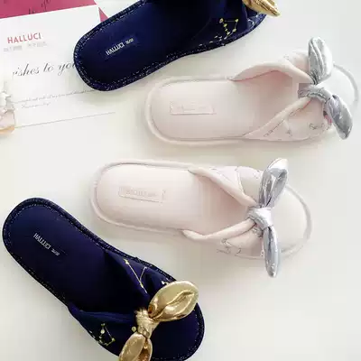 halluci summer new shiny bow electric embroidery constellation sandals and slippers women breathable cotton rubber bottom home