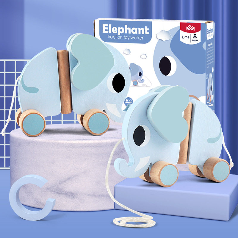 Cross-border children's baby walks and pulls the walker pull line to pull the baby elephant cart wooden early education Mu toy car