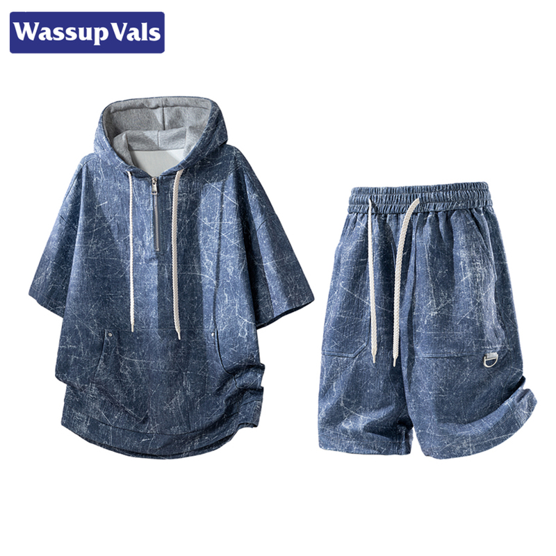 Wassup Vals New Hooded Short-Sleeved Suit Men's Summer Tie-Dye Loose Large Size Casual Sports Suit Wassup Vals New Hooded Short-Sleeved Suit Men's Summer Tie-Dye Loose Large Size Casual Sports Suit