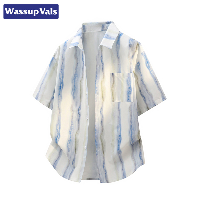 Wassuo Vals American Tie-Dye Gradient Shirt for Men, Large Size, Summer Loose Fit, Lapel Design, Trendy Brand Shirt