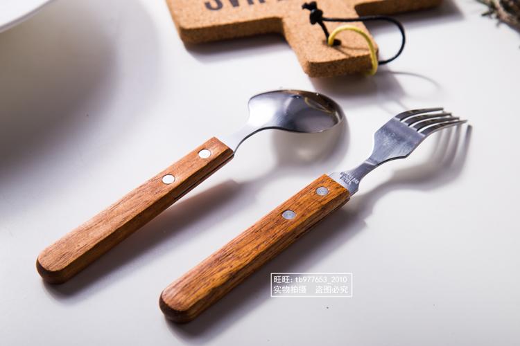 ZAKKA tay cầm bằng gỗ muỗng nĩa hai mảnh phù hợp với thép không gỉ món tráng miệng thìa salad ngã ba Tây muỗng muỗng bộ đồ ăn - Đồ ăn tối đĩa tròn