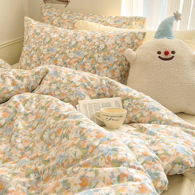 Fields Garden Broken Flowers Bed Four Pieces Of Pure Cotton Full Cotton 100 Mesh Red Cream Bed Linen Quilt Cover Three Sets of Beds 4-Taobao