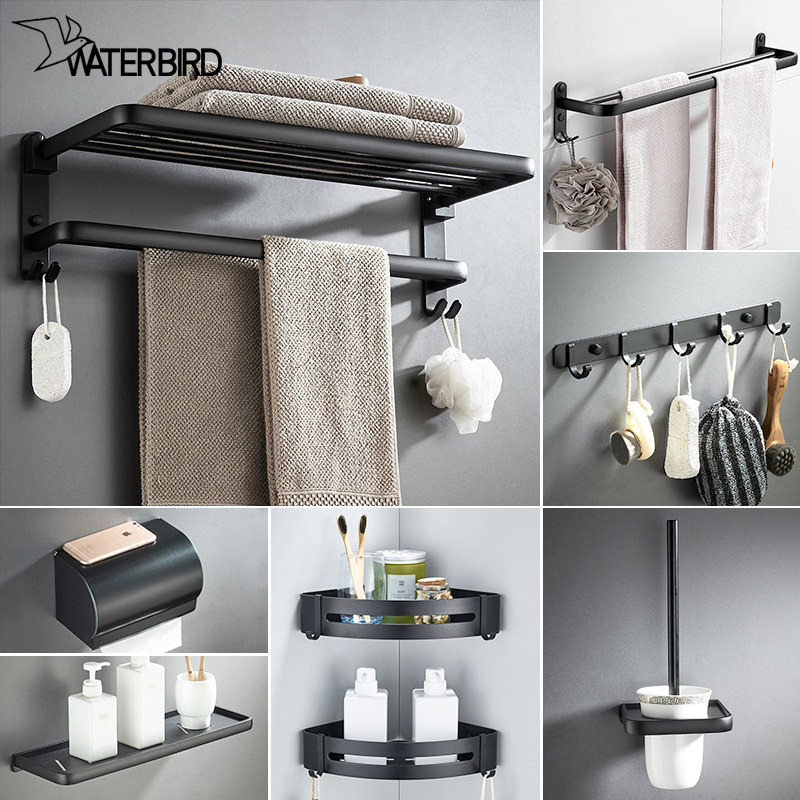Free Punching Hair Towel Rack Space Aluminum Black Bath Towel Rack Free toilet shelve Bathroom Hardware Pendant Suit-Taobao