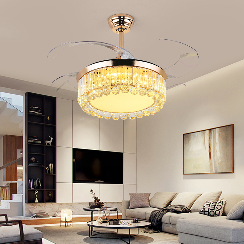 With fan chandelier dining room ceiling fan lamp living room crystal invisible ceiling fan lamp European style golden simple modern bedroom lamp