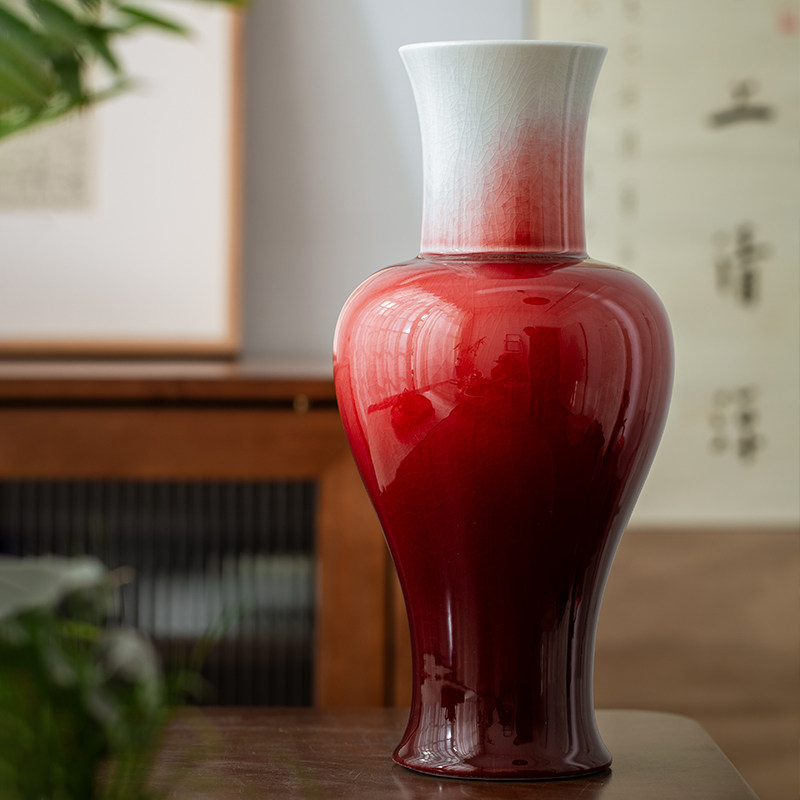 Handicraft original mine Jingde Town high-end vase swing piece of red glazed porcelain fish tail bottle New Chinese boutique vase red