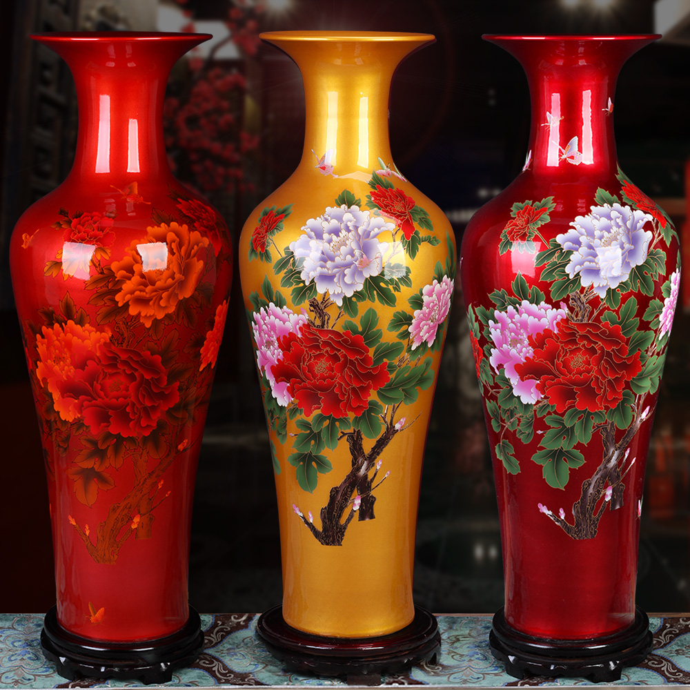 Jingdezhen ceramics Chinese red crystal glazed peony floor large vase living room Chinese porcelain ornaments golden red
