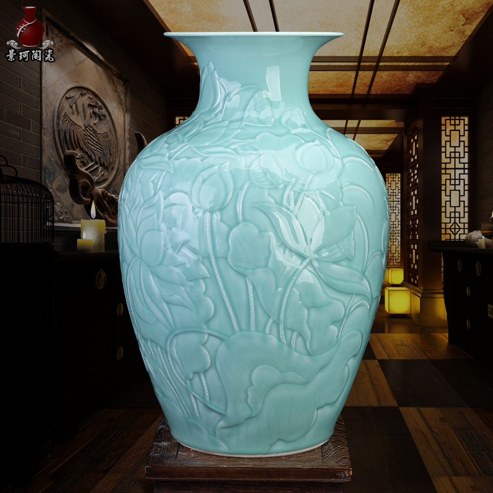 Jingdezhen celadon carving lotus ceramic wax gourd bottle home new Chinese living room countertop decoration flower arrangement decoration