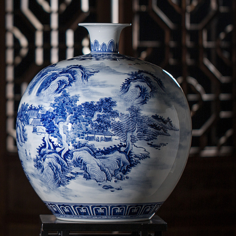 Hand-painted blue and white porcelain pomegranate vase Jingdezhen ceramic ornaments seating corner table coffee table high-end Chinese porcelain vase