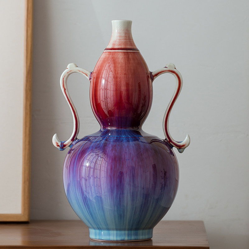 Handmade raw ore Jingdezhen high-grade vase decoration living room flower arrangement Langhong red porcelain gourd bottle boutique vase red