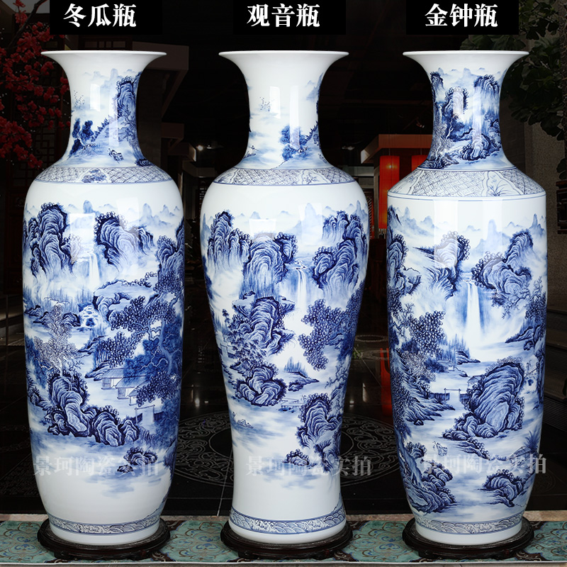 Jingdezhen hand-painted high-end fine blue and white porcelain large vase living room floor-to-ceiling ceramic ornaments large Chinese creative