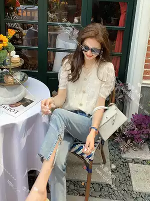 (Ink and wash) maje French lace shirt retro bubble sleeve V-collar high-end temperament jacket short sleeve shirt