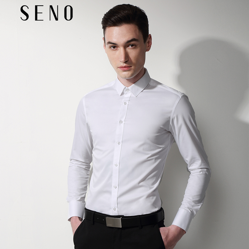 Seno机洗免烫抗皱白衬衫男长袖修身商务上班职业正装白色男士衬衣