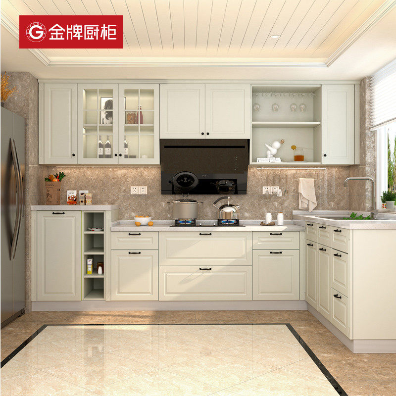 Gold medal kitchen cabinet Jane European style quartz stone countertop integral antibacterial kitchen cabinet custom stove cabinet decoration