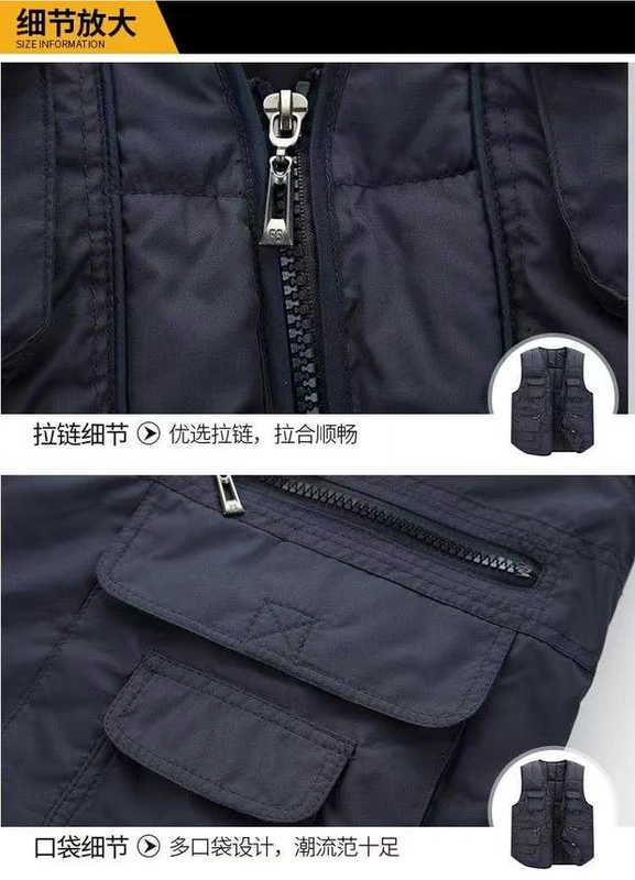 Mùa thu và mùa đông trung niên xuống áo vest cotton nam nhiều túi xuống áo vest cotton cho người cao tuổi ao ba lo nam