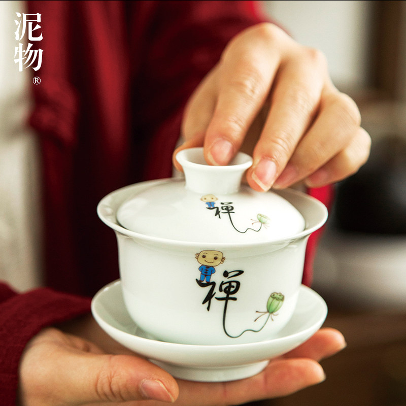 Dehua white porcelain three-tall cup kung fu tea set thin household office bubble tea cover bowl