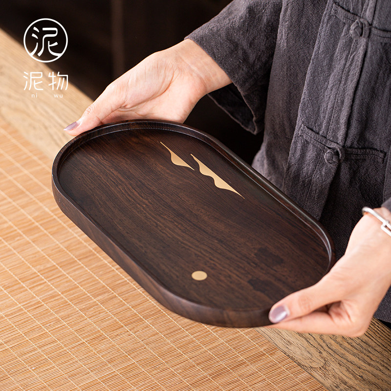 Whole solid wood tea tray Ebony size tea table Household one-person dry bubble tray Simple tray Tea sea small