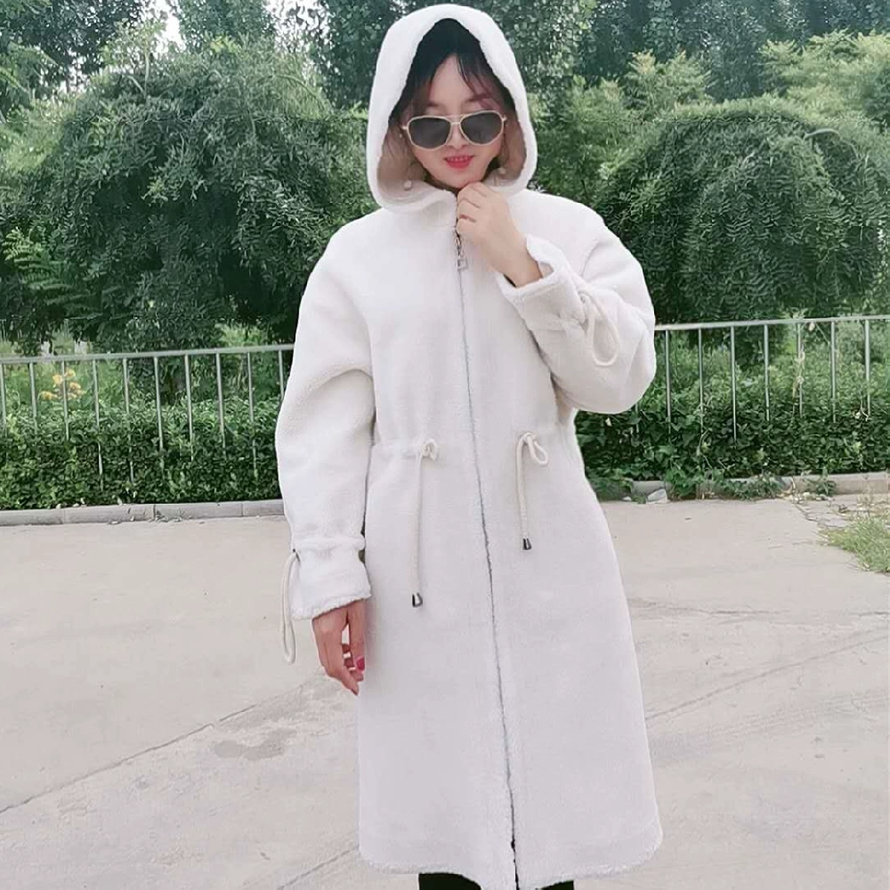 Áo len nữ hạt nhung nhung dài giữa có khóa kéo có lông xếp li màu be Mỏng và sành điệu - Faux Fur