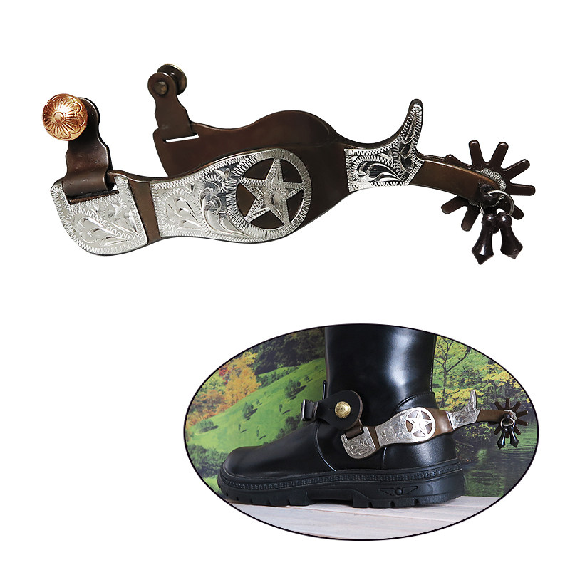 Western-style bronze spurs (a pair), German silver decorative panels, hand-carved, with small pendants