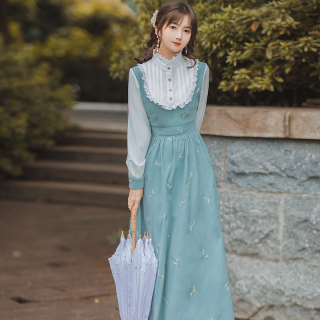 Fake two-piece design sense dress embroidery lace high collar over-the-knee skirt Republic of China retro mid-length skirt literary spring dress