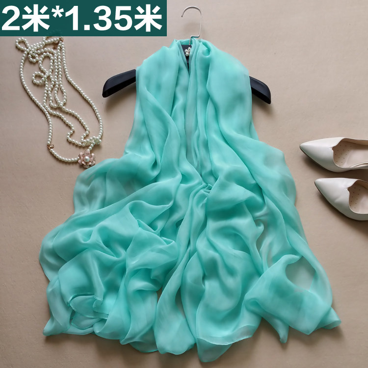 Summer oversized aqua blue sun protection silk scarf Long version of women's high-grade mulberry silk Chiffon scarf shawl beach gauze towel