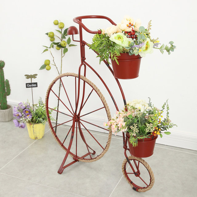 Rural retro creative hemp rope wrought iron bicycle shape flower stand decoration gardening home groceries window decoration