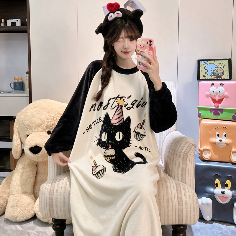 Nightgown for Women Autumn and Winter Long Flannel 2026 New Cute Black Cat Youth Plus Size Junior High School Student Skirt Nightgown for Women Autumn and Winter Long Flannel 2026 New Cute Black Cat Youth Plus Size Junior High School Student Skirt