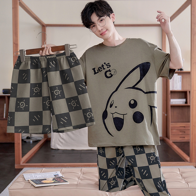 Men's Pajamas Summer Pure Cotton Thin Short-Sleeved Home Clothes Cartoon Teenagers Students Large Size Three-Piece Air-Conditioned Clothes Men's Pajamas Summer Pure Cotton Thin Short-Sleeved Home Clothes Cartoon Teenagers Students Large Size Three-Piece Air-Conditioned Clothes