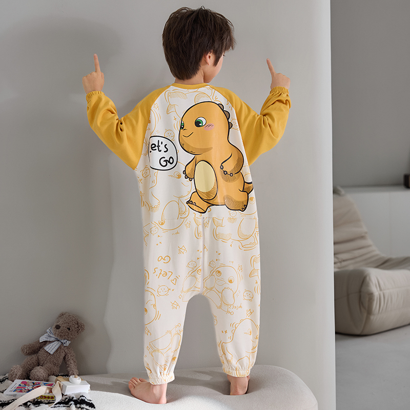 One-Piece Pajamas for Boys, Long-Sleeved, Pure Cotton, Spring and Autumn, Cartoon Milk Dragon, New Style, for Older Children, Girls, One-Piece Anti-Kick Sleeping Bag