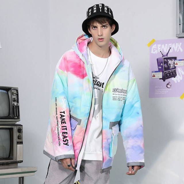 GENANX Lightning Trendy Brand Hooded Coat Coat for Men Rainbow Candy Color Cool Letter Print Couple Thick Cotton Jacket