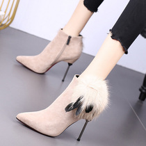  Pointed high heels thin-heeled booties womens 2021 autumn and winter new fluffy shoes plus velvet all-match thin naked boots Martin boots