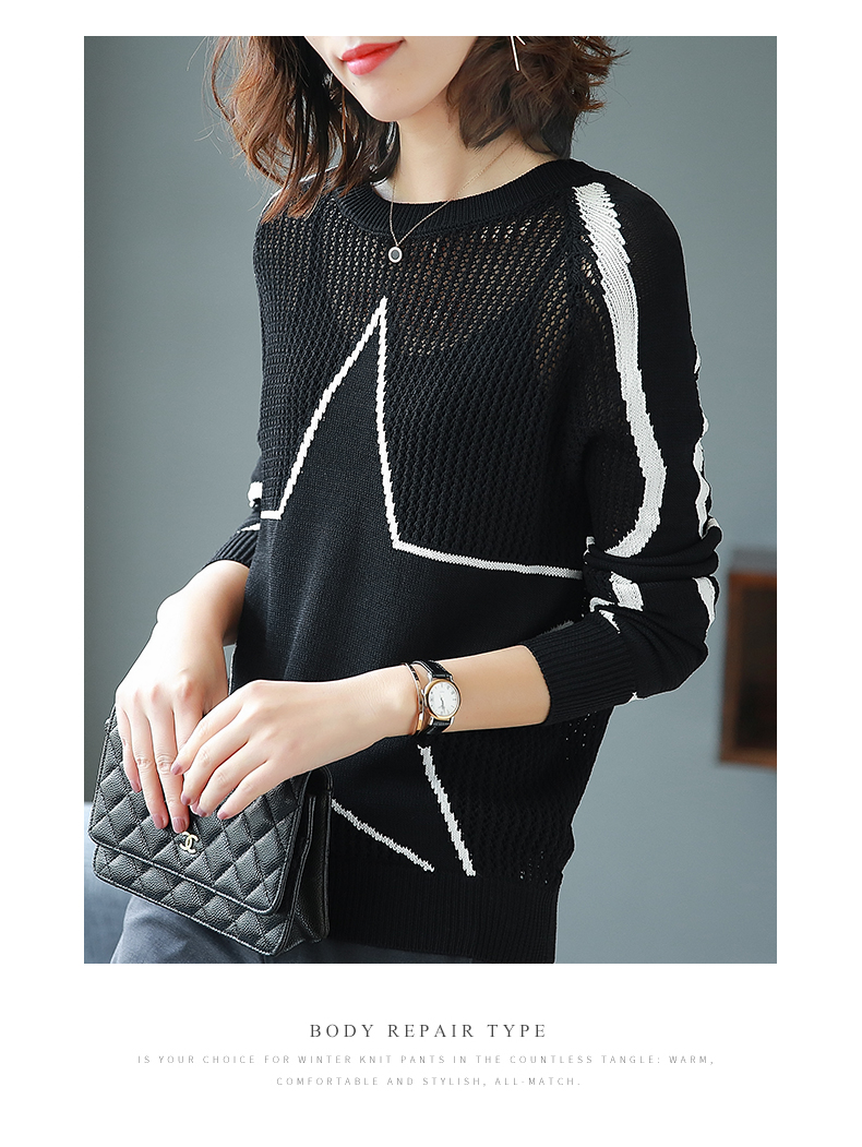 Bao Shili cổ tròn tay dài áo len openwork nữ đầu thu 2018 mới áo sơ mi nữ rỗng đáy áo mỏng áo cardigan nữ dáng dài
