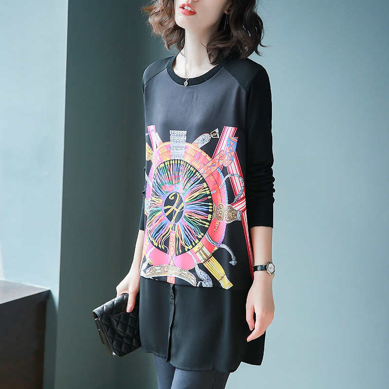 Treasure Poetry Le Printed Snowspun Spliced Long Sleeves Medium Long version of Knitted Cardiovert 2022 blouses Korean version women's clothing spring hit undershirt