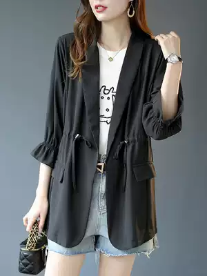 Baoshili suit collar sunscreen coat medium and long loose women's jacket summer 2021 new black thin top